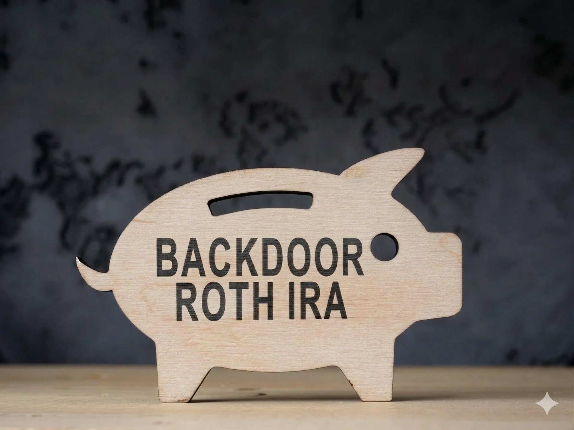 Wooden piggy bank engraved with Backdoor Roth IRA, representing tax-free retirement savings for high-income earners