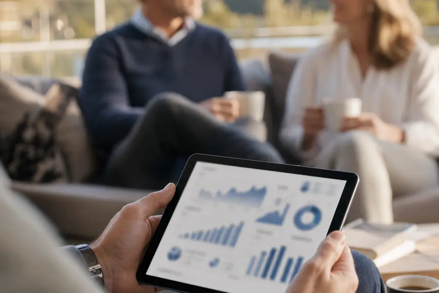 Investment portfolio review on a tablet in a relaxed home setting