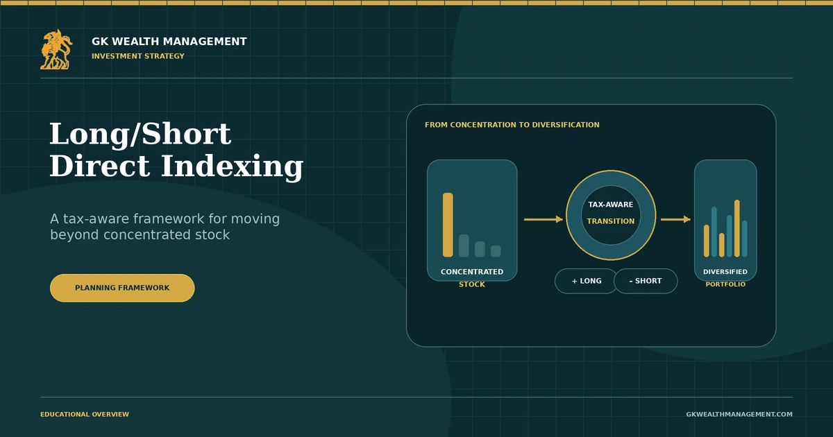 Long/short direct indexing diagram showing concentrated stock moving through a tax-aware transition to a diversified portfolio