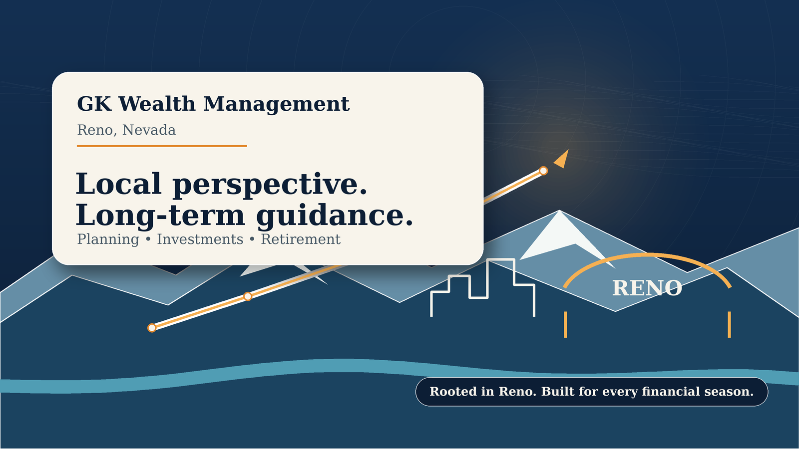 Illustrated Reno skyline and Sierra mountains with a rising planning line and GK Wealth Management message