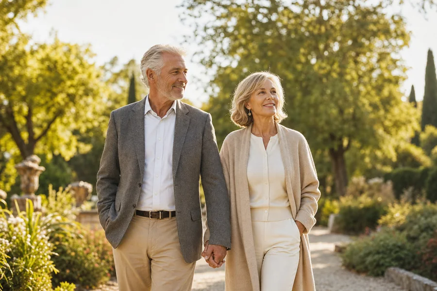 Retired couple walking outdoors in a garden