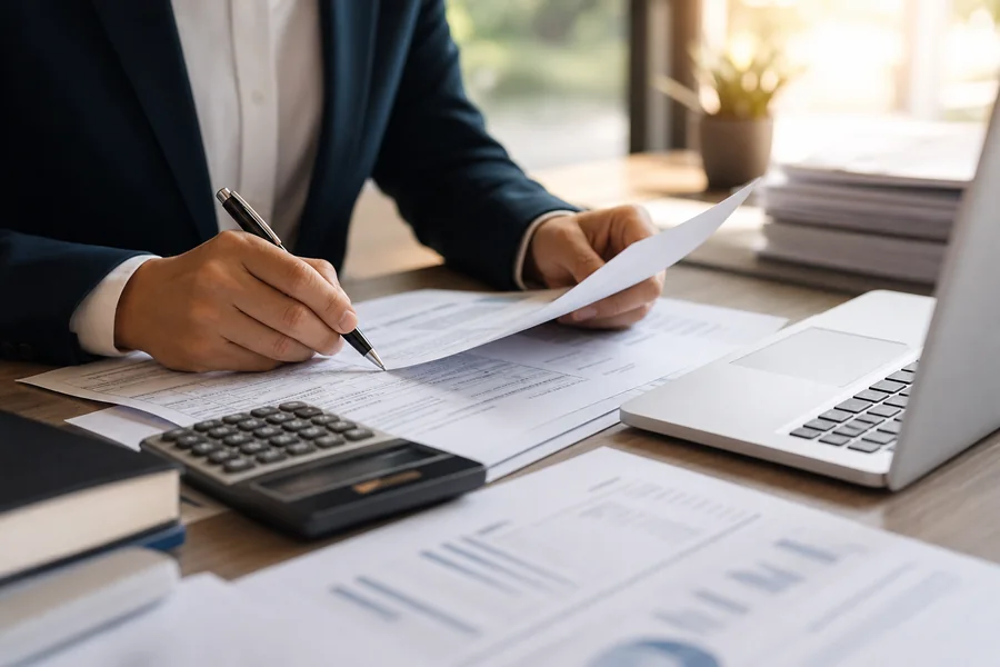 Couple reviewing tax documents and financial paperwork